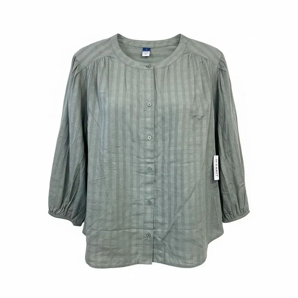 Old Navy women's striped, puff-sleeve blouse Green Sz M NWT
